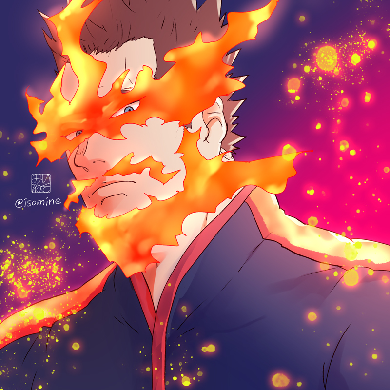 1boy aged_down alternate_hair_color boku_no_hero_academia brown_hair embers endeavor_(boku_no_hero_academia) expressionless facial_hair fiery_beard fiery_hair flaming_eyes gradient_background isomine looking_at_viewer male_focus mature_male mustache mustache_stubble portrait serious short_hair sideburns_stubble solo thick_eyebrows
