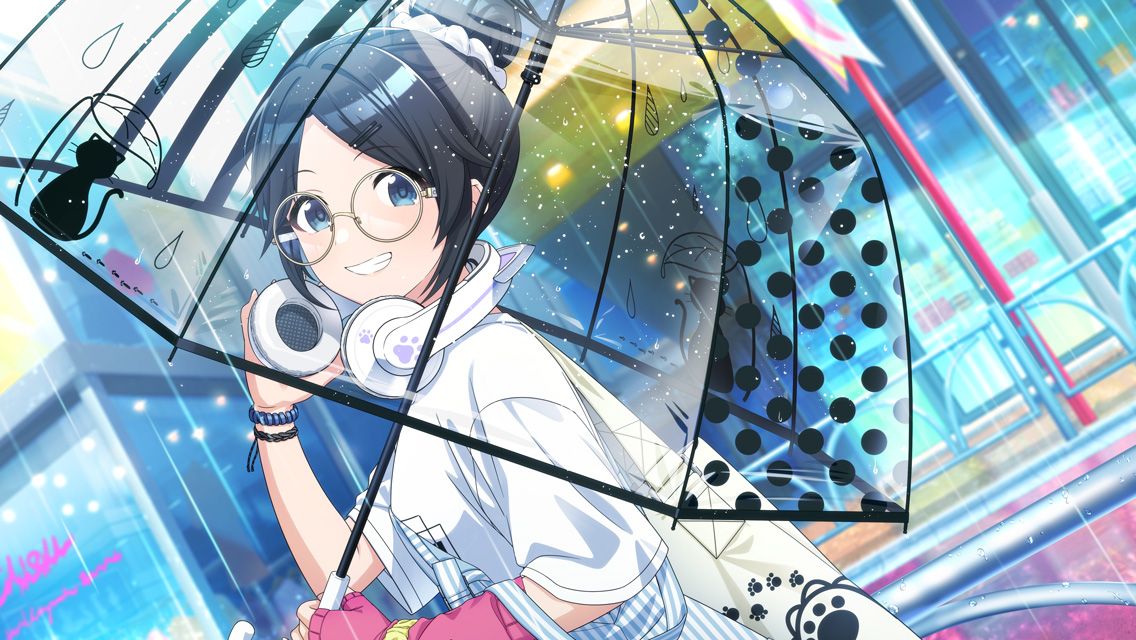 1girl animal_ear_headphones animal_ears asymmetrical_gloves bag black_hair blue_eyes blurry blurry_background bracelet building cat_ear_headphones commentary day dutch_angle fake_animal_ears fingerless_gloves game_cg glasses gloves grin hair_bun hair_ornament hairclip headphones headphones_around_neck holding holding_umbrella idolmaster idolmaster_shiny_colors jewelry looking_at_viewer mitsumine_yuika official_art outdoors parted_lips polka_dot rain round_eyewear scrunchie shirt single_fingerless_glove smile solo t-shirt tote_bag transparent transparent_umbrella umbrella upper_body water_drop white_shirt