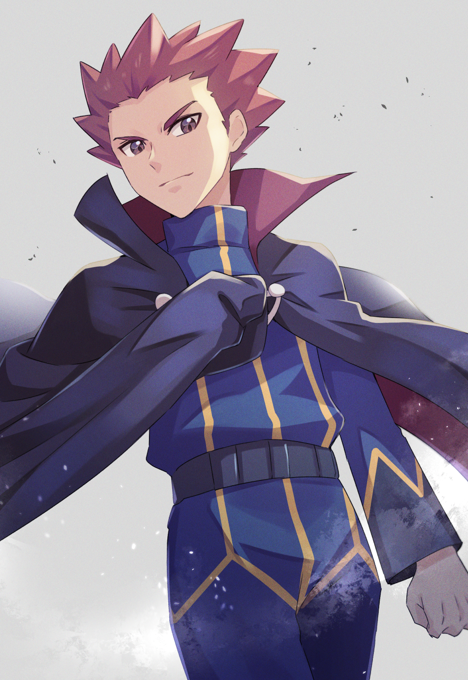 1boy arm_at_side belt black_belt black_cape blue_pants blue_shirt brown_eyes cape clenched_hand closed_mouth dust from_below grey_background highres lance_(pokemon) long_sleeves looking_at_viewer male_focus pants pokemon pokemon_(game) pokemon_hgss redhead shirt short_hair simple_background solo zeroki_(izuno)