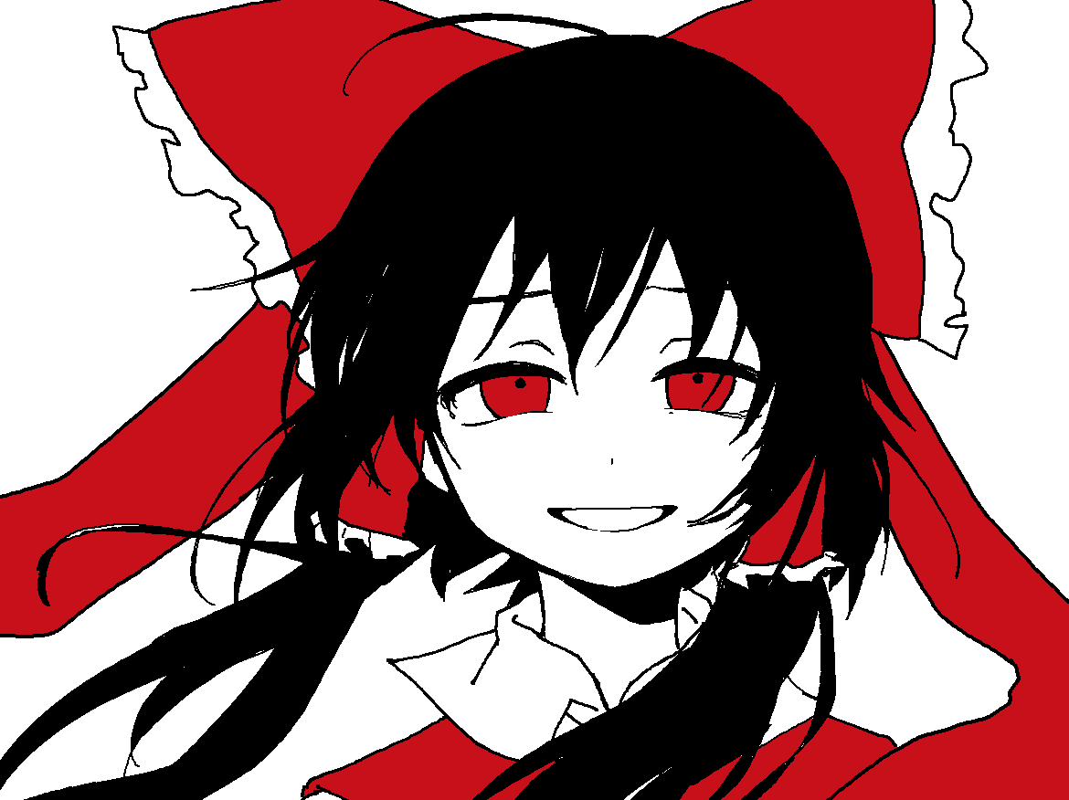 1girl ahoge bbyong403 black_hair bow clenched_teeth collared_shirt colored_skin commentary flat_color floating_hair frilled_bow frilled_hair_tubes frills hair_bow hair_ribbon hair_tubes hakurei_reimu high_contrast long_hair looking_at_viewer portrait red_bow red_eyes red_ribbon red_vest ribbon ribbon_trim shirt sidelocks smile solo symbol-only_commentary teeth touhou vest white_background white_skin wind