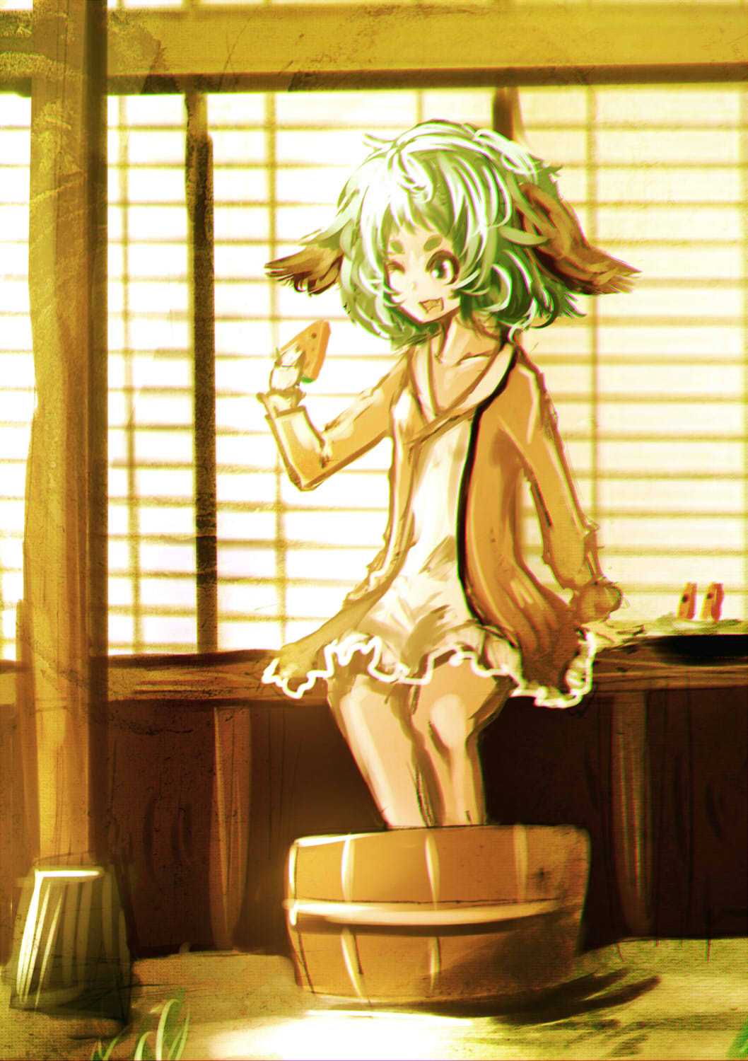 1girl animal_ears brown_jacket bucket commentary_request denpa_rasaito dog_ears dog_girl dress food fruit full_body green_eyes green_hair highres jacket kasodani_kyouko long_sleeves looking_afar one-hour_drawing_challenge one_eye_closed open_mouth plate porch short_bangs shouji sitting sliding_doors smile solo thick_eyebrows touhou watermelon watermelon_slice white_dress
