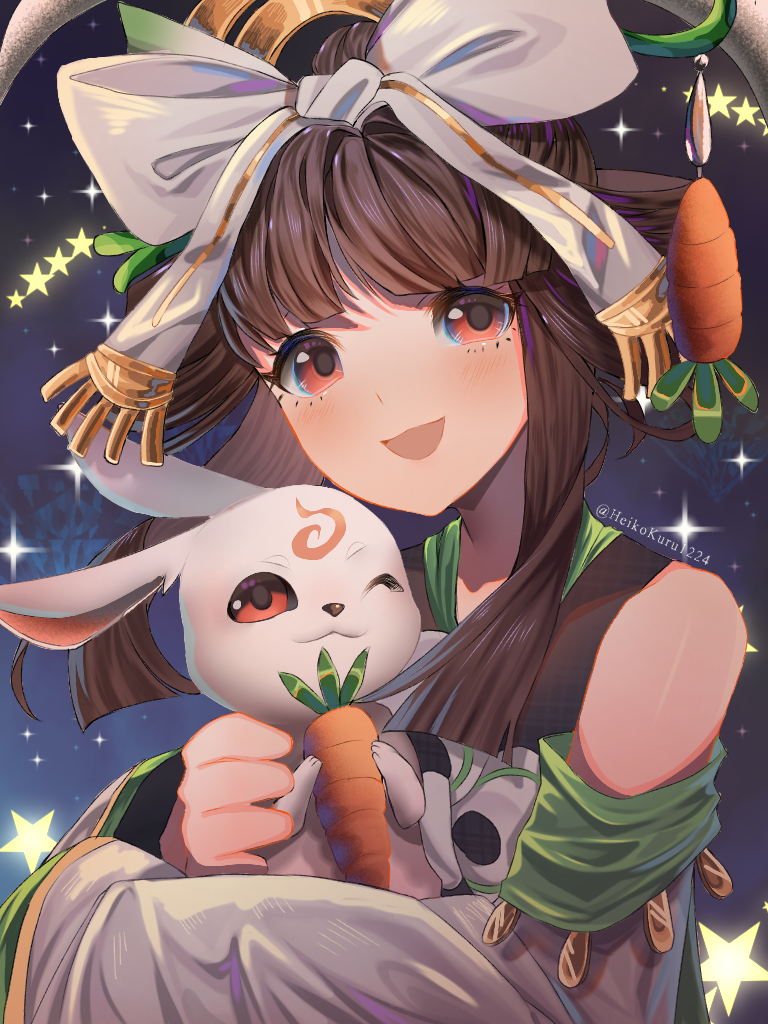1girl :d artist_name bare_shoulders bow brown_eyes brown_hair carrot chang'e_(mobile_legends) chinese_clothes dress english_commentary hair_bow hair_ornament heikokuru1224 long_hair long_sleeves looking_at_viewer mobile_legends:_bang_bang night night_sky one_eye_closed open_mouth rabbit sky smile solo star_(sky) starry_sky upper_body white_dress