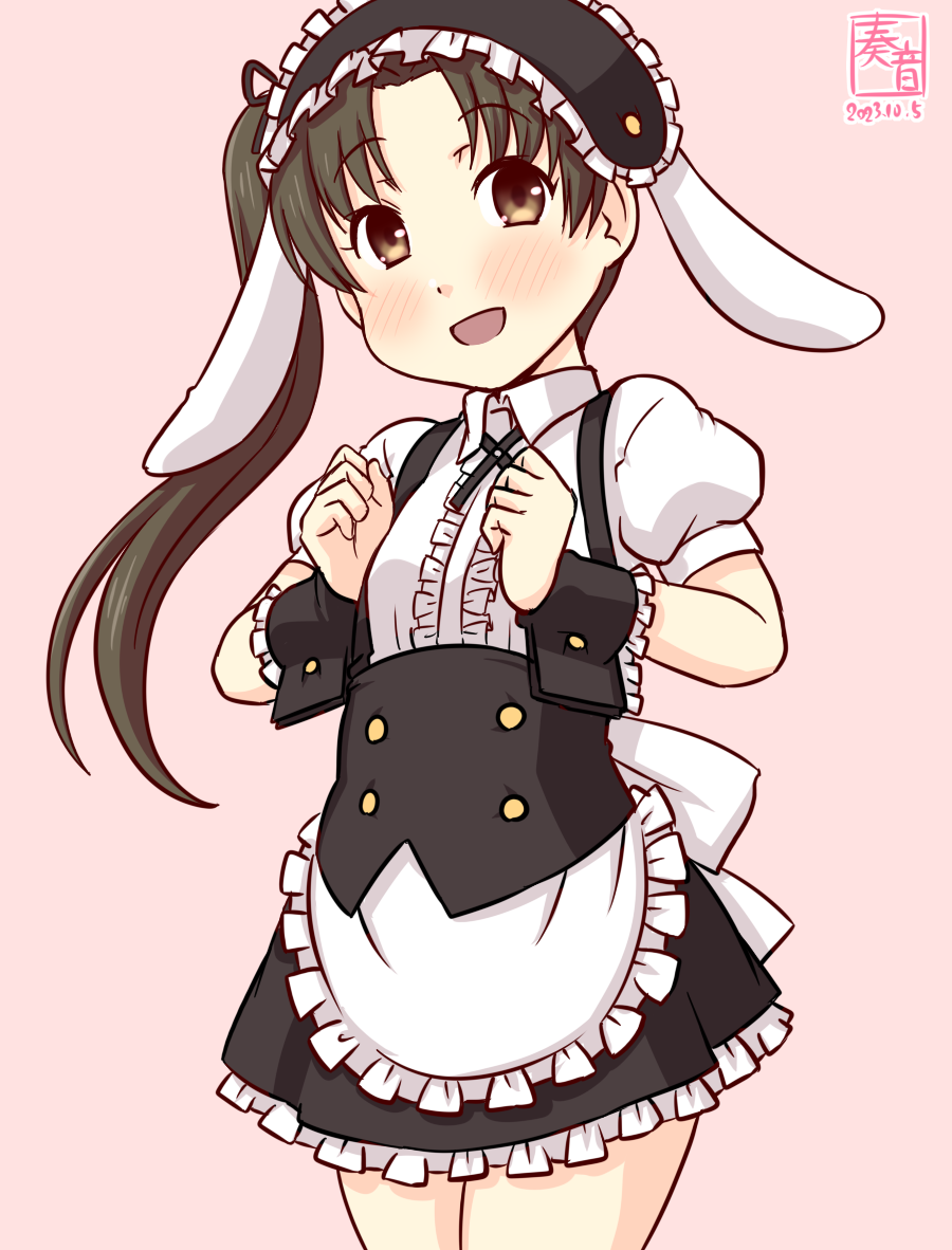 1girl animal_ears apron artist_logo ayanami_(kancolle) black_hairband brown_eyes brown_hair center_frills dated fake_animal_ears fleur_de_lapin_uniform floppy_ears frilled_apron frilled_cuffs frilled_hairband frilled_shirt frills gradient_background hair_ribbon hairband kanon_(kurogane_knights) kantai_collection long_hair one-hour_drawing_challenge open_mouth pink_background ponytail puffy_sleeves rabbit_ears ribbon shirt side_ponytail underbust waist_apron white_apron wrist_cuffs