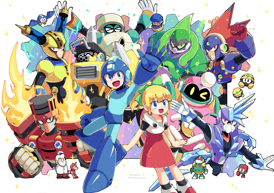 &gt;_&lt; 1girl 6+boys acid_man anniversary auto_(mega_man) beat_(mega_man) blast_man block_man blonde_hair blue_eyes bounce_man clenched_teeth colored_sclera commentary_request covered_mouth dr._light_(mega_man) dr._wily_(mega_man) eddie_(mega_man) english_commentary everyone fuse_man grey_hair helmet impact_man lab_coat mega_man_(character) mega_man_(classic) mega_man_(series) mega_man_11 met_(mega_man) mixed-language_commentary multiple_boys no_mouth red_eyes robot roll_(mega_man) rush_(mega_man) smile sznami129 teeth torch_man tundra_man yellow_sclera