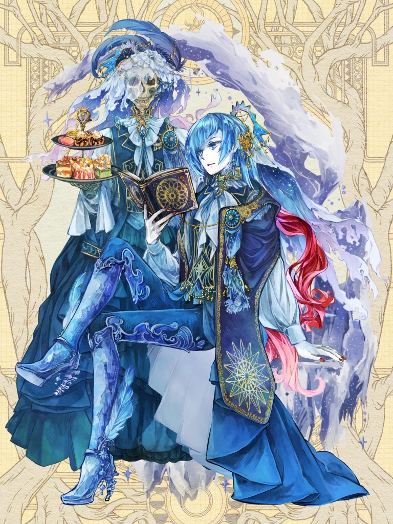 1boy 1girl alba_alfurira androgynous angora_hamasaki black_vest blue_cloak blue_dress blue_eyes blue_footwear blue_hair blue_pants book boots cake cloak crossed_legs dairoku_ryouhei dangle_earrings diagonal_bangs dress earrings feather_hair_ornament feathers food full_body gown gradient_hair hair_ornament halo high_heel_boots high_heels holding holding_book holding_tiered_tray ice jewelry knee_boots long_hair long_sleeves looking_at_another macaron male_focus mechanical_halo multicolored_hair open_book pale_skin pants parted_lips puffy_long_sleeves puffy_sleeves red_nails redhead rock shirt sitting skeleton star_(symbol) star_earrings tiered_tray undead veil vest white_shirt white_veil yellow_background