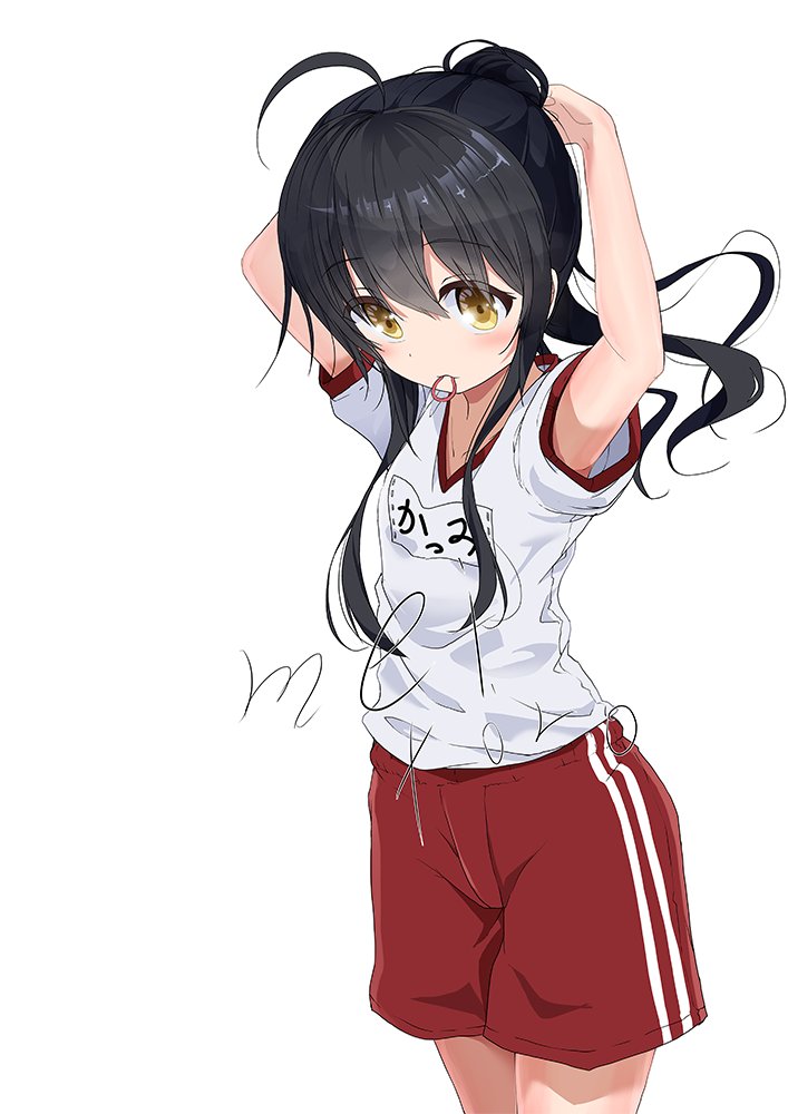 1girl ahoge alternate_costume alternate_hairstyle commentary_request cowboy_shot gym_shirt gym_shorts gym_uniform kantai_collection long_hair meitoro mikazuki_(kancolle) mouth_hold name_tag ponytail red_shorts rubber_band shirt shorts simple_background solo t-shirt white_background white_shirt yellow_eyes