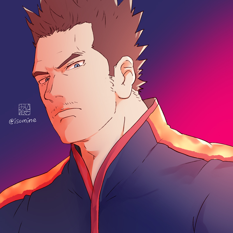 1boy aged_down alternate_hair_color boku_no_hero_academia brown_hair endeavor_(boku_no_hero_academia) expressionless gradient_background isomine looking_at_viewer male_focus mature_male mustache_stubble portrait serious short_hair sideburns_stubble solo thick_eyebrows