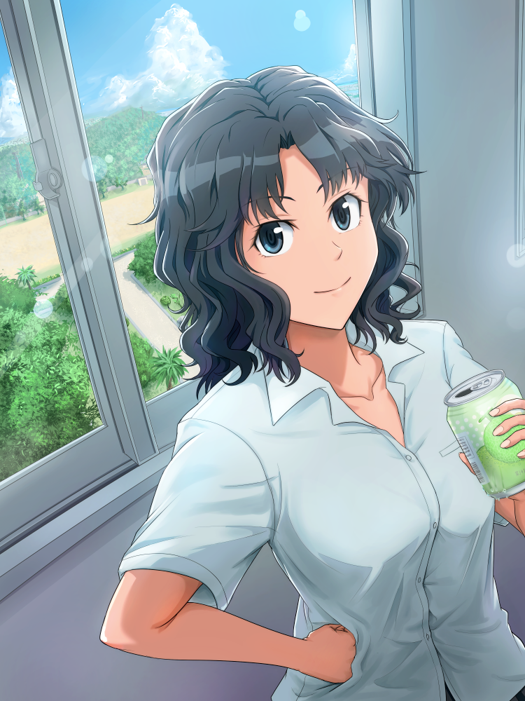 1girl amagami black_hair blue_eyes can closed_mouth collared_shirt curly_hair hand_on_own_hip holding holding_can horizon indoors light_smile looking_at_viewer mamiya_myanmar messy_hair open_collar shirt solo tanamachi_kaoru wavy_hair white_shirt window