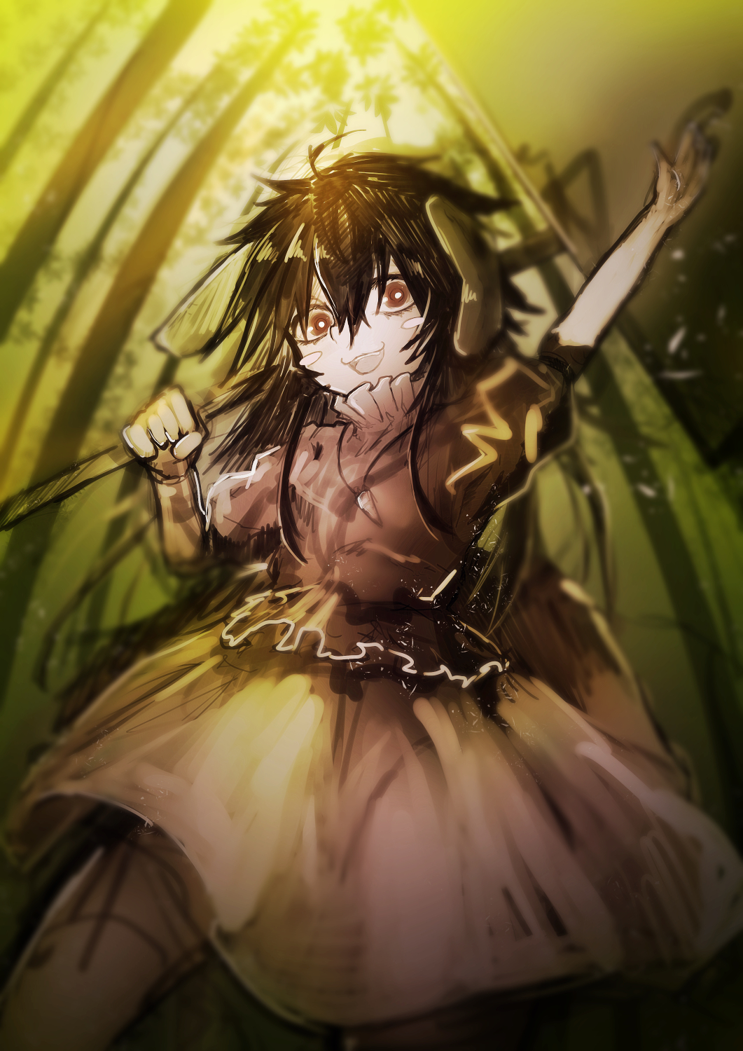 1girl :3 ahoge alternate_hair_length alternate_hairstyle animal_ears arm_up bamboo bamboo_forest blush_stickers bright_pupils brown_eyes brown_hair carrot_necklace commentary_request cowboy_shot day denpa_rasaito flat_chest floppy_ears forest hair_between_eyes hammer highres holding holding_hammer inaba_tewi jewelry kine long_bangs long_hair looking_at_viewer mallet nature necklace one-hour_drawing_challenge open_mouth outdoors pink_shirt pink_skirt rabbit_ears rabbit_girl shirt sidelocks skirt skirt_set smile solo touhou white_pupils