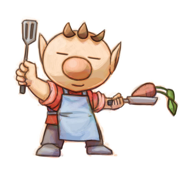 1boy alien alternate_costume apron big_nose black_pants blue_apron brown_hair carrot closed_eyes closed_mouth commentary_request full_body grey_footwear holding holding_pan holding_spatula looking_at_viewer male_focus naru_(wish_field) no_headwear olimar outstretched_arms pants pikmin_(series) pointy_ears red_shirt shirt shoes short_hair sleeves_rolled_up smile solo spatula very_short_hair white_background