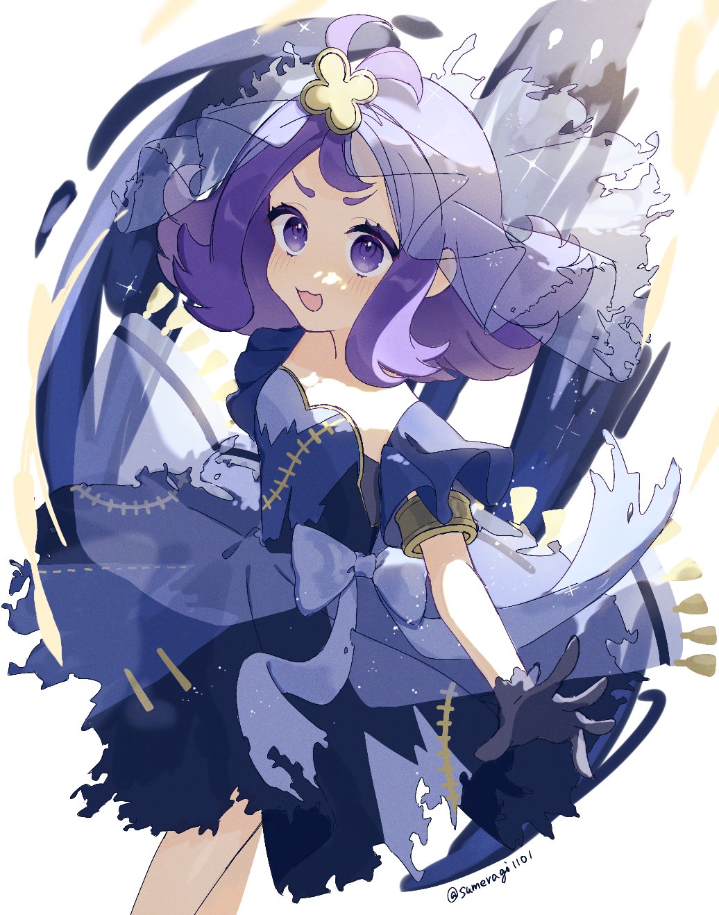 1girl :d acerola_(pokemon) adapted_costume armlet blue_dress blush commentary_request dress eyelashes flipped_hair gloves hair_ornament hairclip highres multicolored_clothes multicolored_dress open_mouth pokemon pokemon_(game) pokemon_sm purple_hair short_sleeves smile solo stitches sumeragi1101 topknot veil violet_eyes