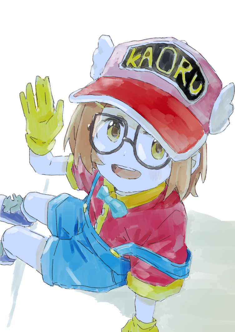 1girl arm_support black-framed_eyewear blue_bow blue_bowtie blue_overalls bow bowtie character_name child cosplay dot_nose dr._slump flat_chest glasses gloves hand_up hat idolmaster idolmaster_cinderella_girls looking_at_viewer morotomi norimaki_arale norimaki_arale_(cosplay) open_mouth orange_hair overall_shorts overalls purple_footwear red_headwear red_shirt ryuzaki_kaoru shirt short_hair short_sleeves sidelocks sitting smile solo teeth upper_teeth_only waving winged_hat yellow_eyes yellow_gloves