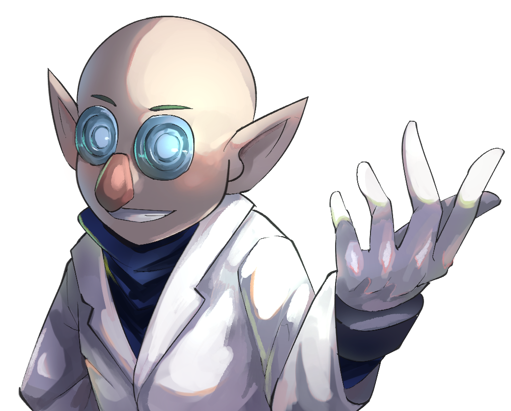 1boy alien alternate_costume bald big_nose blue-tinted_eyewear blue_shirt coat coattails commentary_request gloves grin lab_coat layered_sleeves long_sleeves looking_at_viewer male_focus novelty_glasses open_mouth outstretched_hand pikmin_(series) pointy_ears round_eyewear russ_(pikmin) sax_(sax_e) shirt smile solo teeth tinted_eyewear turtleneck upper_body white_background white_coat white_gloves