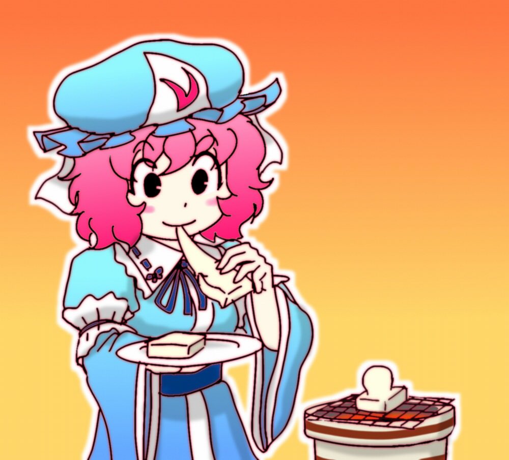 1girl black_eyes blue_headwear blue_kimono blue_ribbon blush breasts closed_mouth commentary_request cookie_(touhou) cowboy_shot eating food gradient_background grill hat holding holding_food holding_plate japanese_clothes kimono long_sleeves medium_bangs medium_breasts mgrm_ysnr mob_cap mochi mochi_trail neck_ribbon one-hour_drawing_challenge orange_background pink_hair plate ribbon ribbon-trimmed_collar ribbon_trim saigyouji_yuyuko shichirin short_hair smile solo touhou triangular_headpiece vivian_(cookie) wavy_hair wide_sleeves