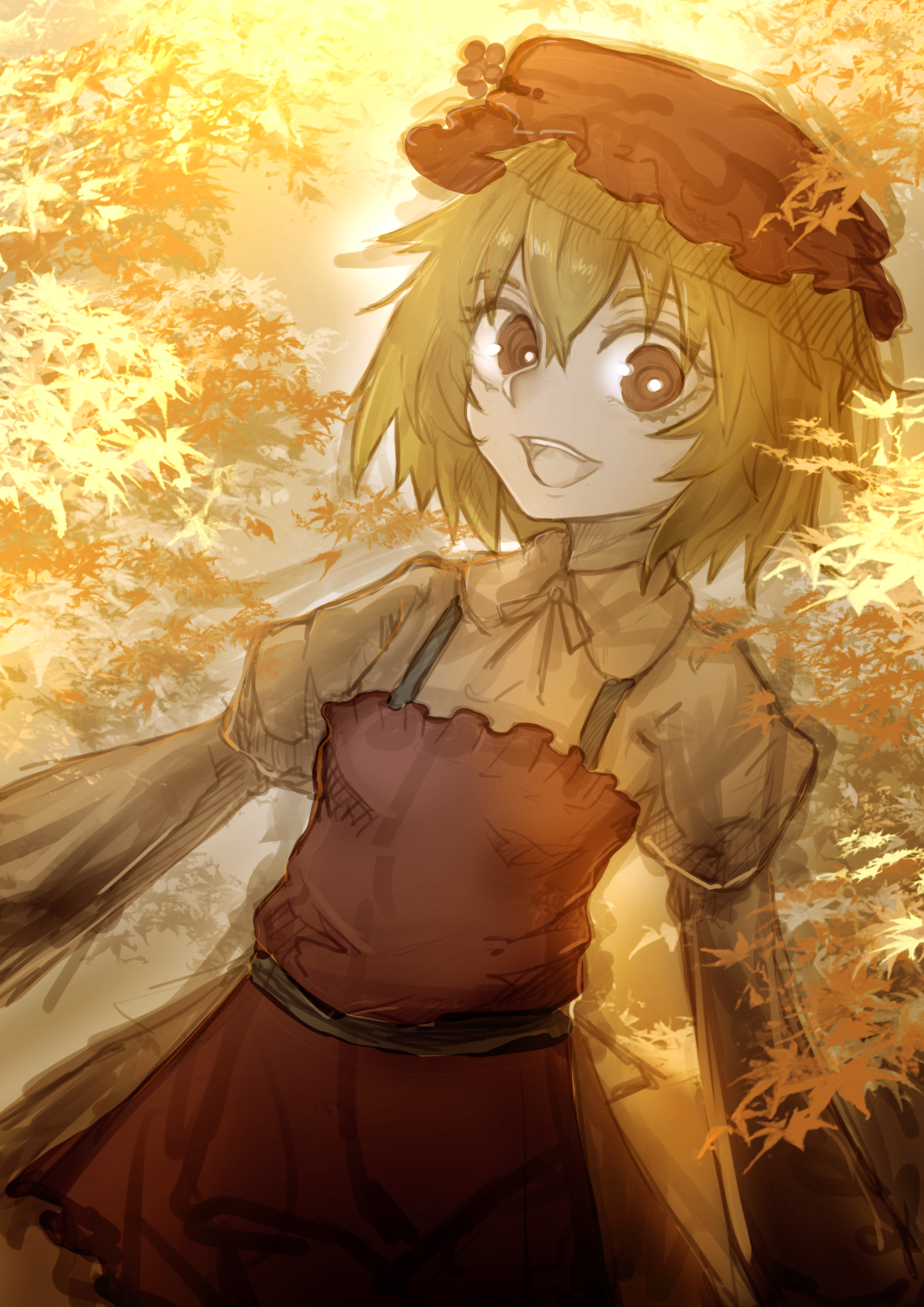 1girl aki_minoriko apron blonde_hair bright_pupils brown_apron brown_eyes brown_headwear brown_shirt commentary_request cowboy_shot denpa_rasaito flat_chest hair_between_eyes hat highres juliet_sleeves leaf long_sleeves looking_at_viewer medium_bangs mob_cap one-hour_drawing_challenge open_mouth puffy_sleeves shirt short_hair smile solo touhou white_pupils