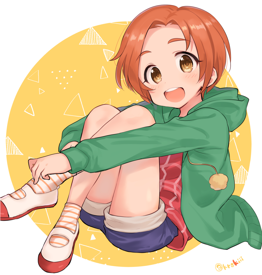 1girl blue21 blue_shorts blush border brown_eyes dot_nose flat_chest full_body green_hoodie hood hood_down hoodie hugging_own_legs idolmaster idolmaster_cinderella_girls idolmaster_cinderella_girls_starlight_stage knees_up long_sleeves looking_at_viewer open_clothes open_hoodie open_mouth orange_socks red_shirt ryuzaki_kaoru shirt shoes short_hair shorts signature sitting smile socks solo striped striped_socks teeth upper_teeth_only uwabaki white_border yellow_background