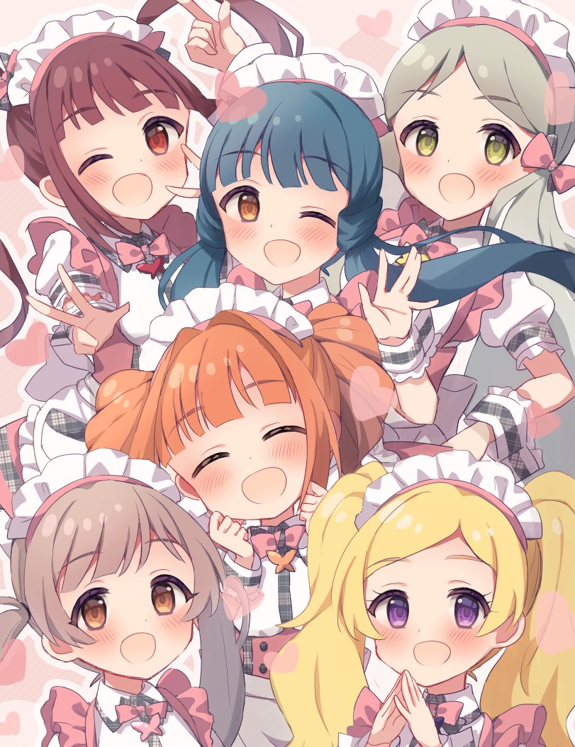 22nekone 6+girls arm_up back_bow blonde_hair blue_hair blush bow bowtie brown_eyes brown_hair clenched_hands closed_eyes commentary dot_nose double_v dress emily_stewart eyelashes green_eyes grey_hair hair_bow hakozaki_serika handa_roco hands_up heart idolmaster idolmaster_million_live! idolmaster_million_live!_theater_days kitakami_reika light_brown_hair long_hair looking_at_viewer maid maid_headdress matsuda_arisa multiple_girls official_alternate_costume one_eye_closed open_mouth orange_hair own_hands_together pink_background pink_bow pink_bowtie pink_dress puffy_short_sleeves puffy_sleeves red_eyes shirt short_sleeves sidelocks smile takatsuki_yayoi twintails upper_body v violet_eyes waving white_shirt wrist_cuffs