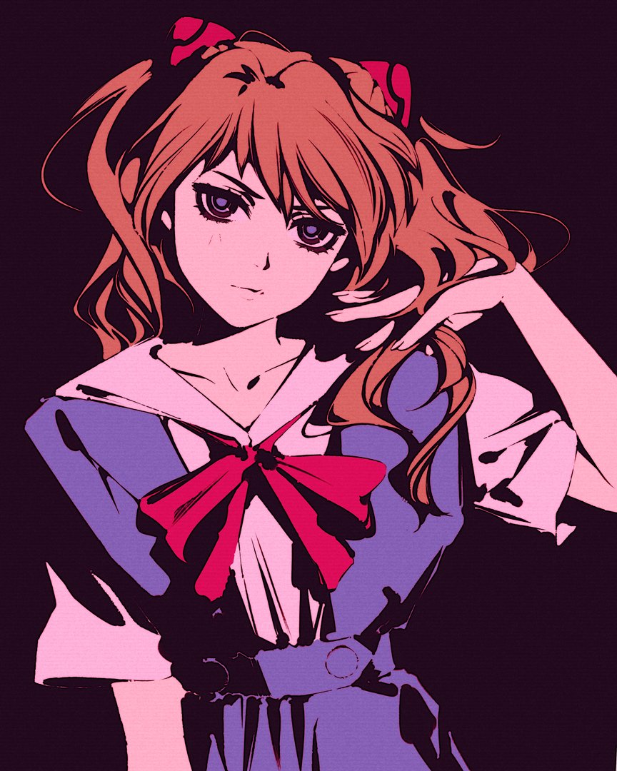 1girl :| adjusting_hair arm_at_side blue_eyes blue_skirt bow bowtie bright_pupils closed_mouth collared_shirt dress_shirt hand_to_head head_tilt interface_headset long_hair looking_at_viewer moshimoshibe neon_genesis_evangelion red_bow red_bowtie redhead romaji_commentary school_uniform serious shirt short_sleeves simple_background skirt solo souryuu_asuka_langley standing tokyo-3_middle_school_uniform two_side_up upper_body v-shaped_eyebrows white_shirt
