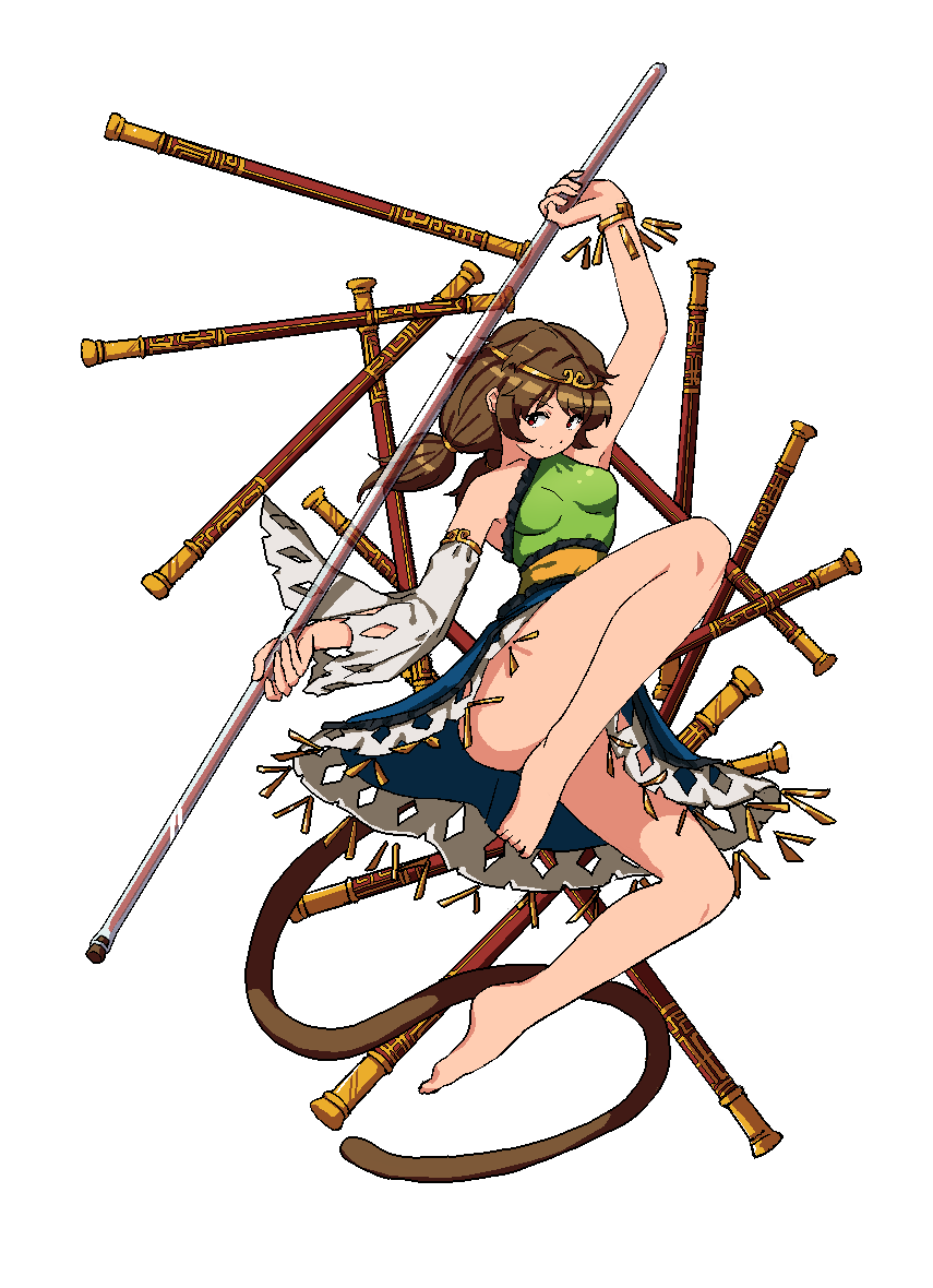 1girl bare_shoulders brown_hair circlet detached_sleeves dress full_body holding holding_test_tube looking_at_viewer low_twintails monkey_tail multicolored_clothes multicolored_dress red_eyes ruyi_jingu_bang shishi_osamu single-shoulder_dress single_detached_sleeve smile solo son_biten tail test_tube touhou twintails white_background