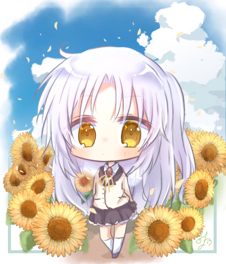 1girl angel_beats! angel_day arms_at_sides black_shirt blush border chibi closed_mouth clouds commentary commission day expressionless eyelashes flower jacket kneehighs long_hair long_sleeves looking_at_viewer miniskirt neck_ribbon outdoors parted_bangs pleated_skirt ribbon school_uniform shirt sidelocks signature skeb_commission skirt socks solo sunflower tachibana_kanade utuigawa white_border white_hair white_socks yellow_eyes yellow_jacket yellow_ribbon