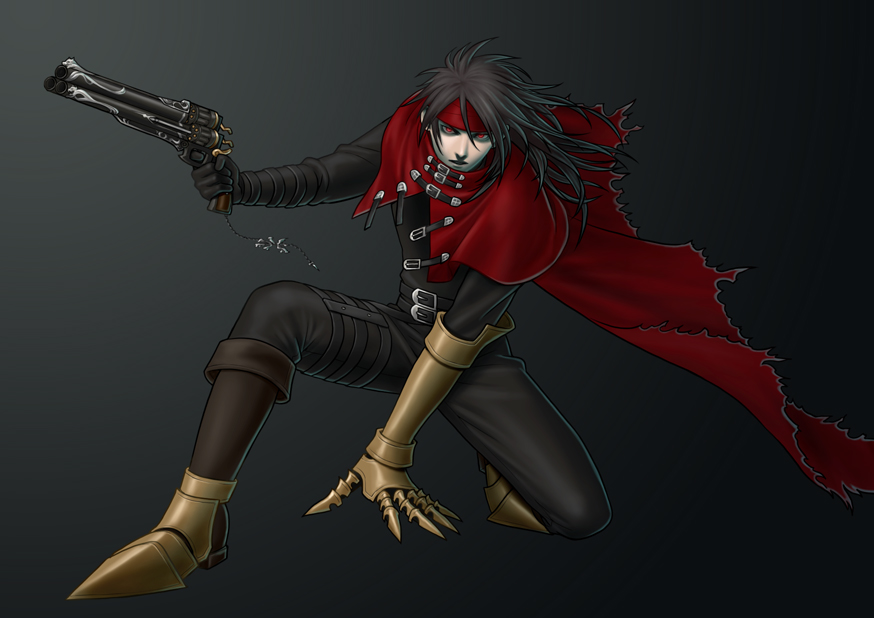 1boy belt black_gloves black_hair black_jacket black_pants cape clawed_gauntlets cloak commentary_request fighting_stance final_fantasy final_fantasy_vii full_body gauntlets gloves gradient_background gun hair_between_eyes headband high_collar holding holding_gun holding_weapon jacket knee_up long_hair long_sleeves looking_at_viewer male_focus metal_boots multiple_belts on_one_knee pants red_cape red_cloak red_eyes red_headband sd_supa serious single_gauntlet single_glove solo torn_cape torn_clothes vincent_valentine weapon