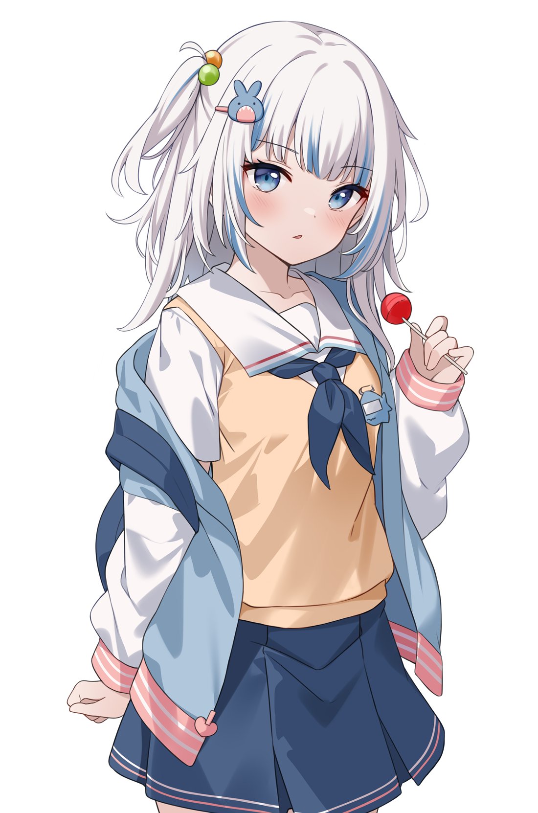 1girl blue_eyes blue_hair blue_jacket blue_neckerchief blue_skirt blunt_bangs blush candy collared_shirt fins fish_tail food gawr_gura gawr_gura_(school_uniform) grey_hair hair_ornament highres hitsukuya holding holding_candy holding_food holding_lollipop hololive hololive_english jacket lollipop long_hair looking_at_viewer multicolored_hair neckerchief official_alternate_costume open_mouth school_uniform shark_girl shark_tail shirt skirt solo streaked_hair tail vest virtual_youtuber white_background white_shirt yellow_vest