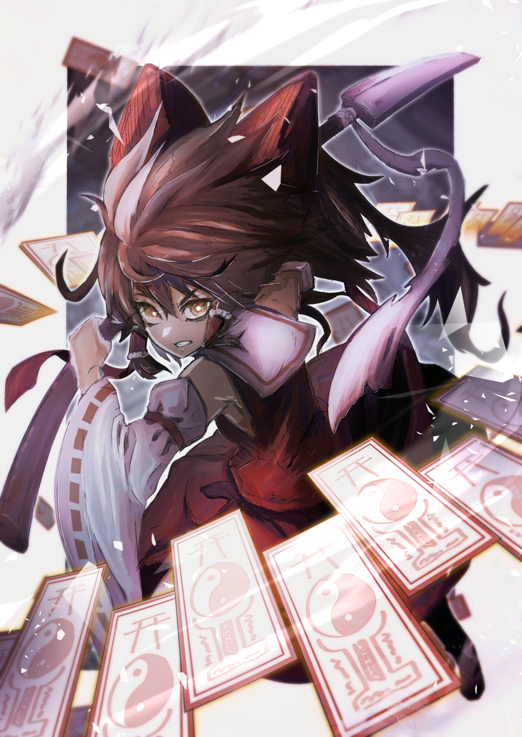 1girl black_footwear boots bow bright_pupils brown_eyes brown_hair clenched_teeth commentary_request denpa_rasaito detached_sleeves frilled_hair_tubes frills full_body hair_between_eyes hair_bow hair_tubes hakurei_reimu highres holding holding_polearm holding_weapon long_hair looking_at_viewer medium_bangs naginata ofuda polearm red_bow red_shirt red_skirt ribbon-trimmed_sleeves ribbon_trim ringed_eyes shirt sidelocks skirt skirt_set sleeveless sleeveless_shirt solo teeth touhou weapon white_pupils white_sleeves wide_sleeves wind yin_yang