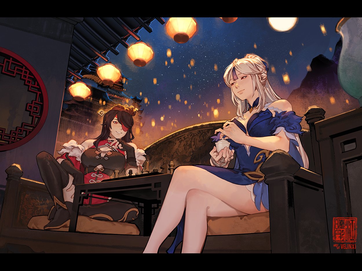 2girls bare_shoulders beidou_(genshin_impact) blue_dress board_game breasts brown_hair capelet chess chess_piece chessboard chinese_clothes claw_ring colored_eyepatch couch crossed_legs dress eyepatch genshin_impact hair_ornament hair_over_one_eye hair_stick hairpin half_updo lantern large_breasts long_hair multicolored_clothes multicolored_dress multiple_girls night night_sky ningguang_(genshin_impact) ningguang_(orchid's_evening_gown)_(genshin_impact) official_alternate_costume one_eye_covered parted_bangs pelvic_curtain red_capelet red_eyes sitting sky tassel tassel_hair_ornament velocesmells white_hair