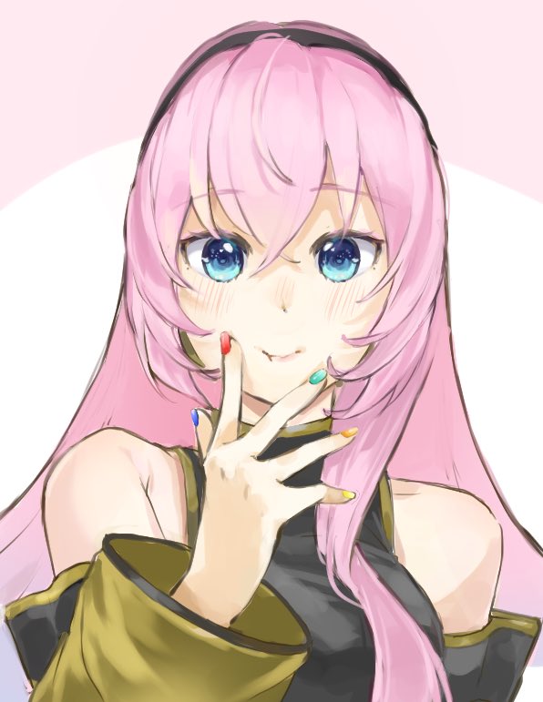 1girl :t aqua_nails bare_shoulders black_hairband blue_eyes blue_nails breasts closed_mouth commentary_request crossed_bangs detached_sleeves edama_metabeyo finger_to_cheek hair_between_eyes hairband hand_up light_blush long_hair looking_at_viewer medium_breasts megurine_luka multicolored_nails orange_nails pink_hair red_nails shirt sleeveless sleeveless_shirt solo turtleneck upper_body vocaloid wide_sleeves yellow_nails