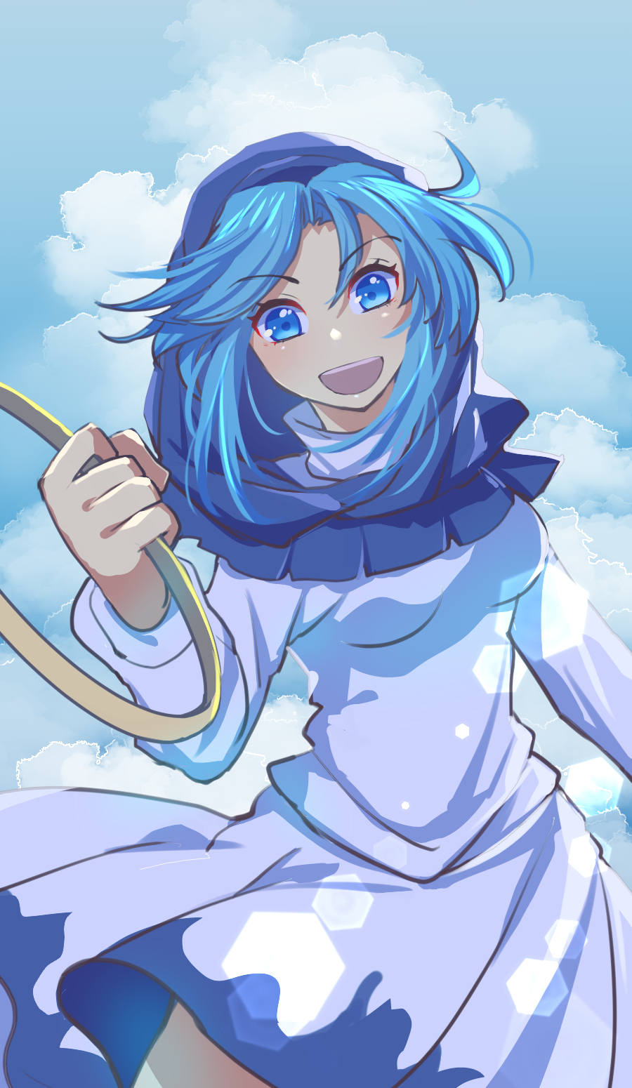 1girl :d blue_eyes blue_hair breasts clouds cloudy_sky day dress highres holding kumoi_ichirin long_hair long_sleeves looking_at_viewer nayozane_(worker7) open_mouth outdoors sky smile solo teeth touhou upper_teeth_only white_dress