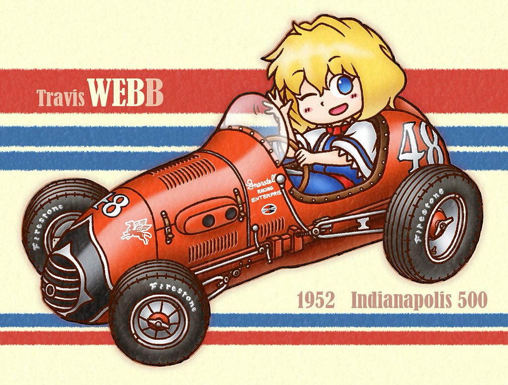 1girl alice_margatroid blonde_hair blue_dress blue_eyes blush bow bowtie capelet car chibi commentary cookie_(touhou) dress driving full_body hair_between_eyes indycar_series looking_at_viewer medium_bangs mgrm_ysnr motor_vehicle name_connection one_eye_closed open_mouth red_bow red_bowtie red_sash sash short_hair sitting smile solo steering_wheel touhou waving web_(cookie) white_capelet