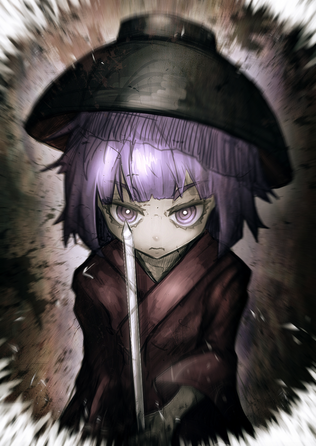 1girl blunt_bangs blurry bowl bowl_hat bright_pupils closed_mouth commentary_request denpa_rasaito depth_of_field flat_chest frown hat highres holding holding_needle japanese_clothes kimono long_sleeves looking_at_viewer medium_bangs needle needle_sword one-hour_drawing_challenge purple_hair red_kimono ringed_eyes short_hair solo sukuna_shinmyoumaru touhou upper_body violet_eyes white_pupils