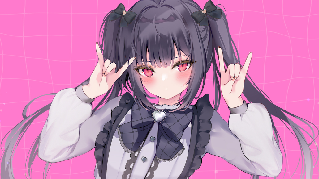 1girl \m/ black_bow black_hair blush bow center_frills closed_mouth commentary_request double_\m/ frills grey_shirt hair_bow hair_ornament hands_up heart heart_hair_ornament long_hair long_sleeves looking_at_viewer original partial_commentary pink_background pon_(ponidrop) puffy_long_sleeves puffy_sleeves red_eyes revision shirt solo twintails upper_body very_long_hair
