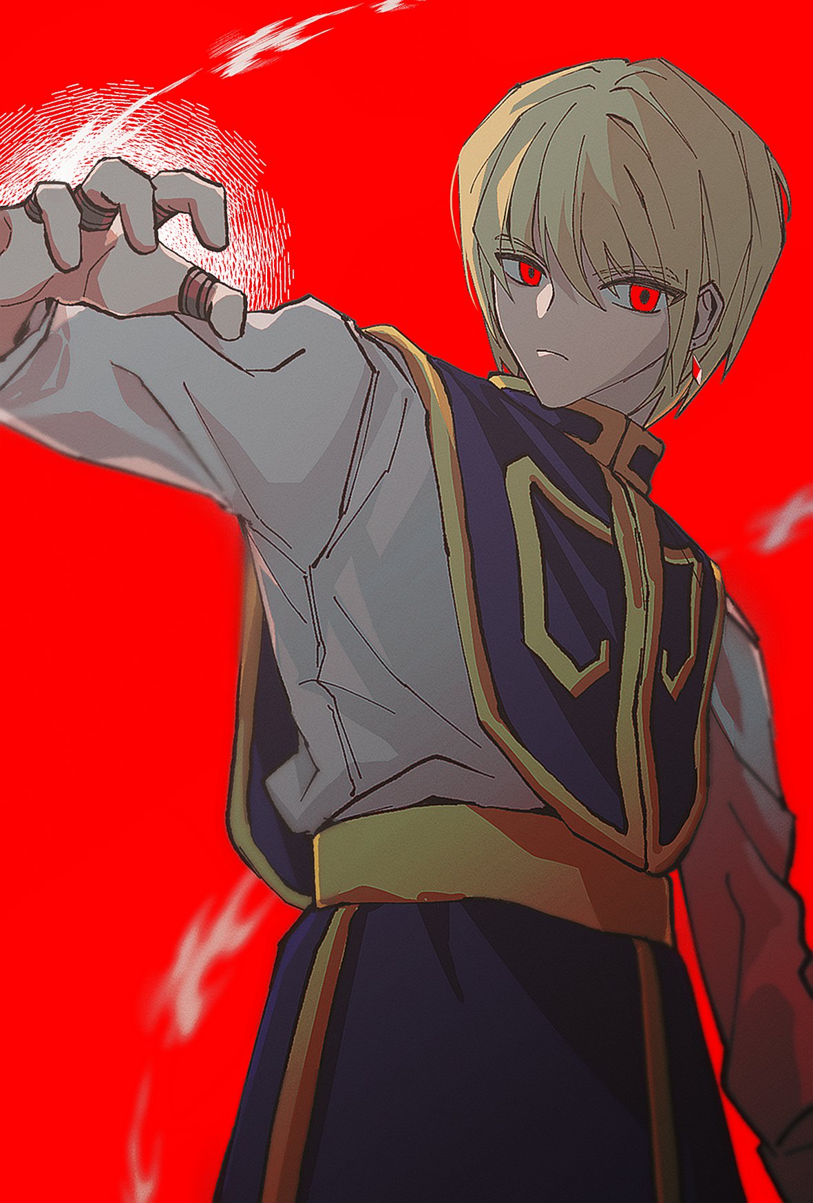 1boy androgynous blonde_hair chain earrings feet_out_of_frame hand_up highres hunter_x_hunter jewelry kurapika long_sleeves looking_at_viewer male_focus red_eyes serious short_hair simple_background solo standing tokyo_bbo