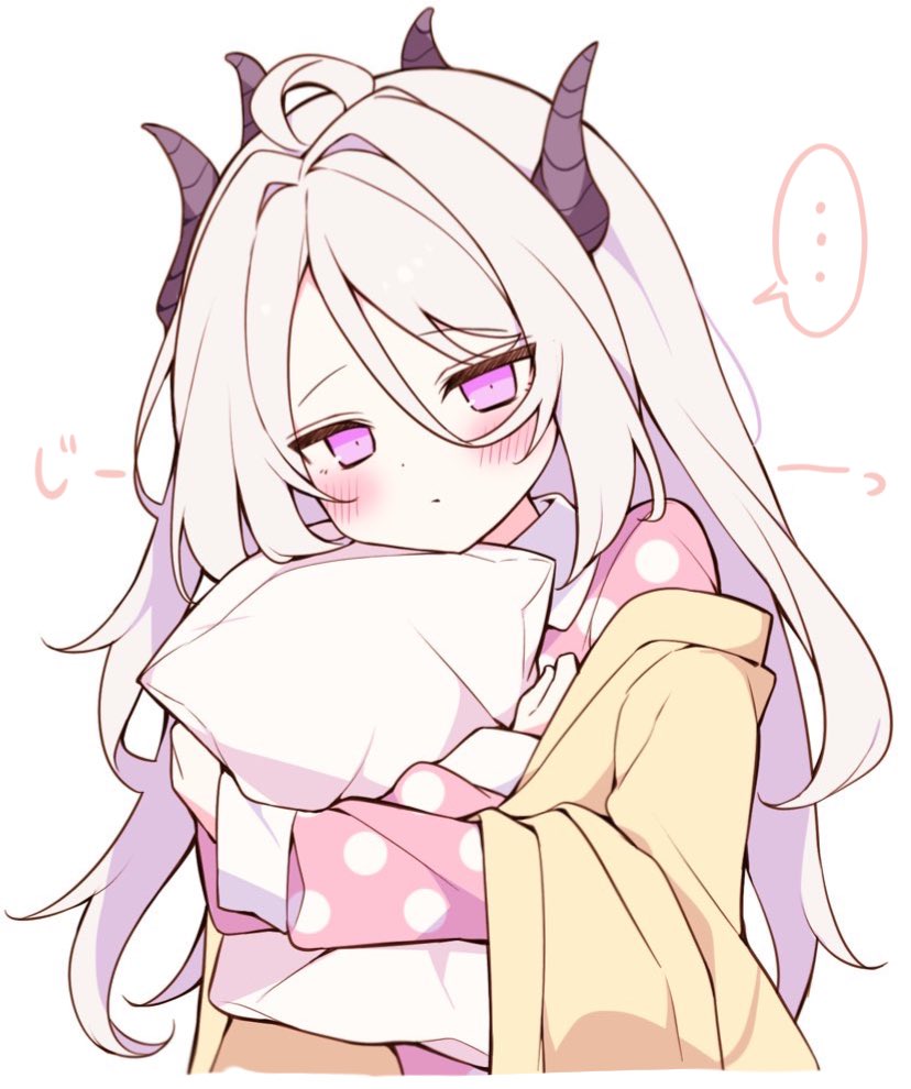 ... 1girl ahoge alternate_costume blue_archive blush commentary demon_girl demon_horns dot_nose hair_between_eyes halo hina_(blue_archive) horns hugging_object long_hair long_sleeves looking_at_viewer messy_hair multiple_horns pajamas pillow pillow_hug pink_pajamas polka_dot polka_dot_pajamas rubbing_eyes simple_background sleepwear solo spoken_ellipsis sweater upper_body violet_eyes white_background white_hair yellow_sweater yonako_(123456nya)