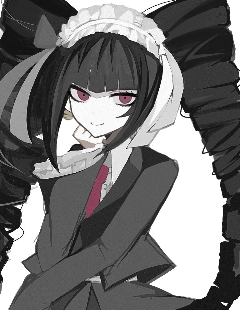 1girl anjeu_(uuci925) black_hair blunt_bangs celestia_ludenberg center_frills danganronpa:_trigger_happy_havoc danganronpa_(series) drill_hair earrings frills gothic_lolita hand_up jacket jewelry lolita_fashion long_hair long_sleeves looking_at_viewer necktie pale_skin red_eyes red_necktie shirt simple_background smile solo twin_drills twintails white_background white_shirt
