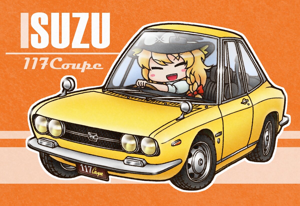 1girl :d black_headwear blush bow braid closed_eyes cookie_(touhou) driving hair_bow hat hat_bow isuzu_117_coupe kirisame_marisa long_hair medium_bangs mgrm_ysnr name_connection open_mouth orange_background outline red_bow shirt short_sleeves side_braid single_braid smile solo suzu_(cookie) teeth touhou upper_body upper_teeth_only white_bow white_outline white_shirt witch_hat