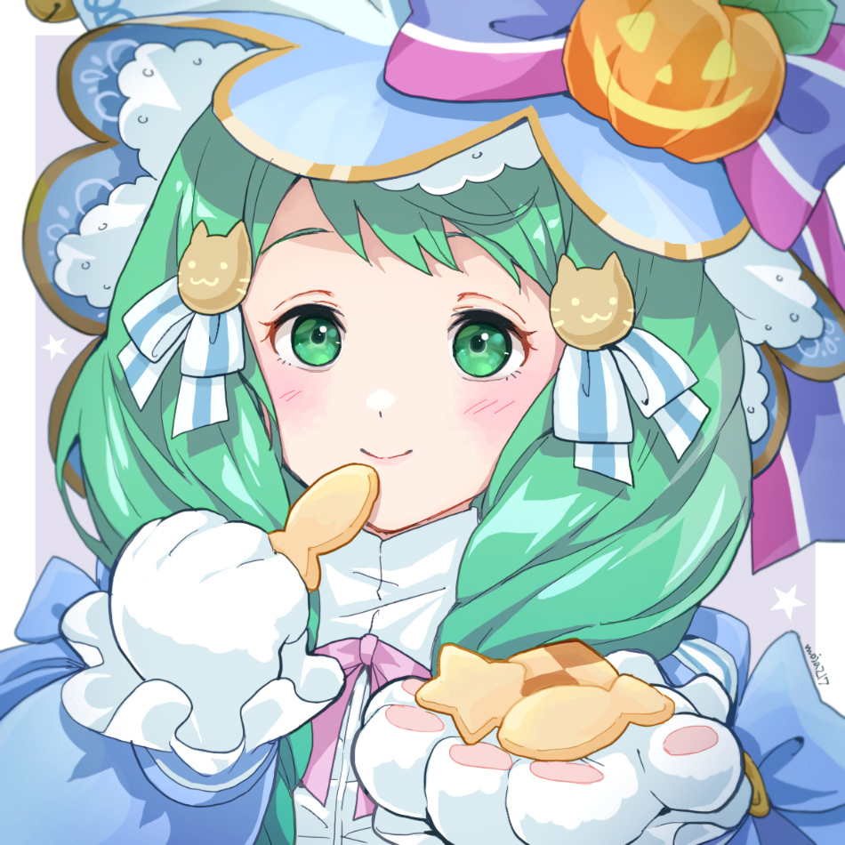1girl animal_hands blue_dress blue_headwear blush closed_mouth commentary_request dress fire_emblem fire_emblem:_three_houses fire_emblem_heroes flayn_(fire_emblem) flayn_(halloween)_(fire_emblem) food gloves green_eyes grey_hair hair_ornament halloween_costume hat holding holding_food long_hair long_sleeves looking_at_viewer mixed-language_commentary mojakkoro neck_ribbon official_alternate_costume paw_gloves pink_ribbon ribbon smile solo white_gloves