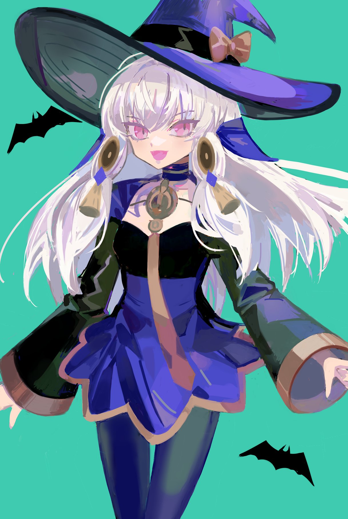 1girl choker dot_nose fire_emblem fire_emblem:_three_houses green_background hat highres large_hat long_hair long_sleeves looking_at_viewer lysithea_von_ordelia official_alternate_costume open_mouth pink_eyes purple_choker ruuu_ran_ran simple_background smile solo tassel thigh_gap white_hair