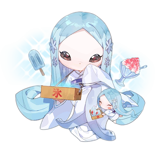 2girls animal_nose artist_request black_eyes blue_bag blue_hair blush blush_stickers chibi closed_eyes crossover fairy_(girls'_frontline) food full_body girls_frontline hair_ornament hand_to_own_face holding ice_cream_bar japanese_clothes jashin-chan_dropkick kimono kouji_(jashin-chan_dropkick) light_blue_hair long_hair looking_at_viewer merchant multiple_girls no_mouth official_art shaved_ice simple_background sitting sleeves_past_wrists snowflake_hair_ornament solid_eyes sparkle sparkling_eyes third-party_source transparent_background very_long_hair white_kimono