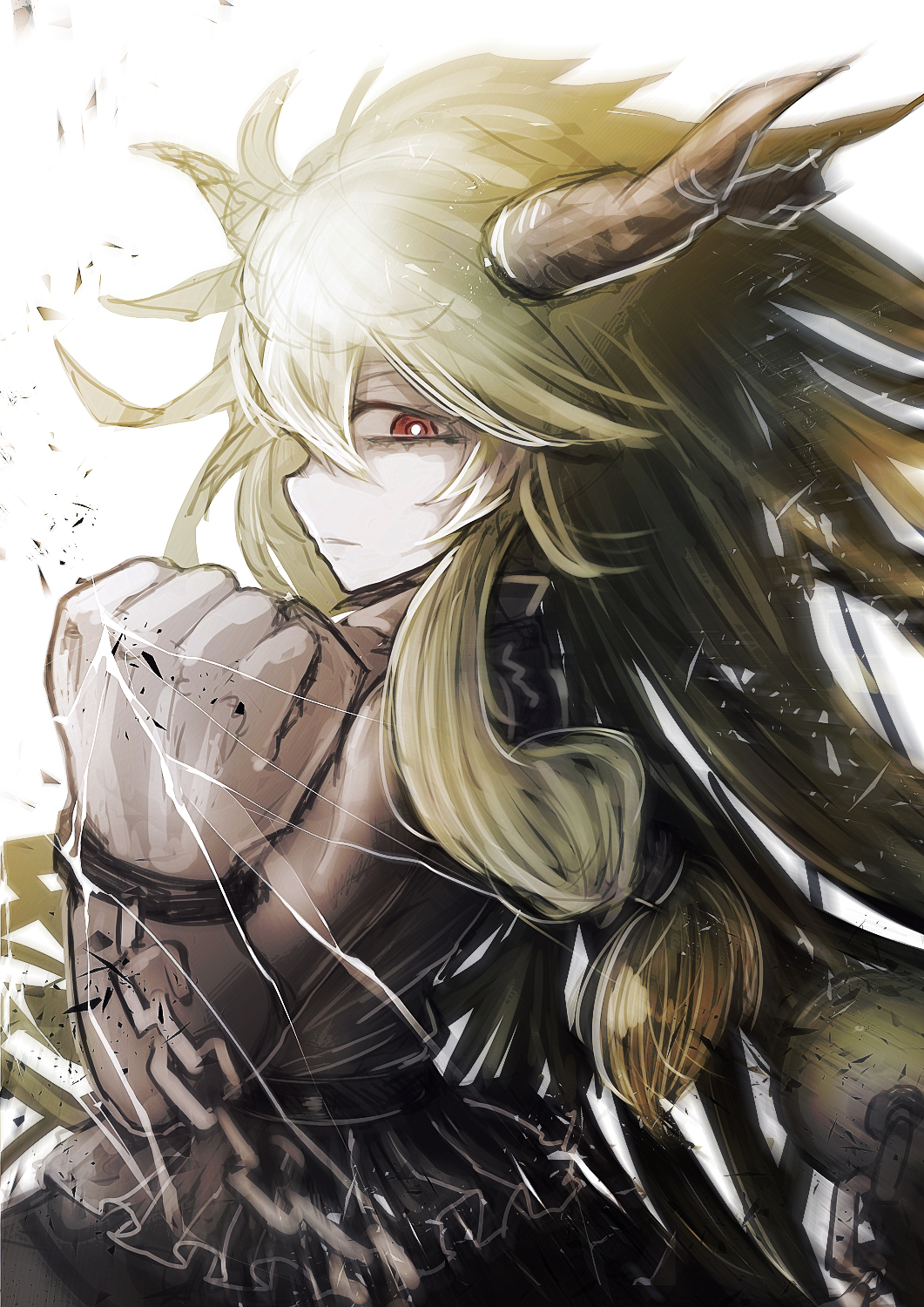 1girl blonde_hair bright_pupils brown_horns chain clenched_hand commentary_request cowboy_shot denpa_rasaito from_behind gourd grey_skirt hair_between_eyes highres horns ibuki_suika long_bangs long_hair looking_at_viewer looking_back messy_hair one-hour_drawing_challenge red_eyes shirt sidelocks skirt sleeveless sleeveless_shirt sneer solo touhou very_long_hair white_background white_pupils white_shirt