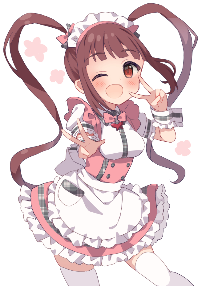 1girl 22nekone apron blush bow bowtie breasts brown_eyes brown_hair buttons commentary_request cowboy_shot dot_nose double_v dress frilled_apron frilled_skirt frills hands_up idolmaster idolmaster_million_live! idolmaster_million_live!_theater_days long_hair looking_at_viewer maid_headdress matsuda_arisa medium_breasts official_alternate_costume one_eye_closed open_mouth pink_bow pink_bowtie pink_dress puffy_short_sleeves puffy_sleeves shirt short_sleeves sidelocks skirt smile solo thigh-highs twintails v waist_apron white_apron white_background white_shirt white_thighhighs wrist_cuffs