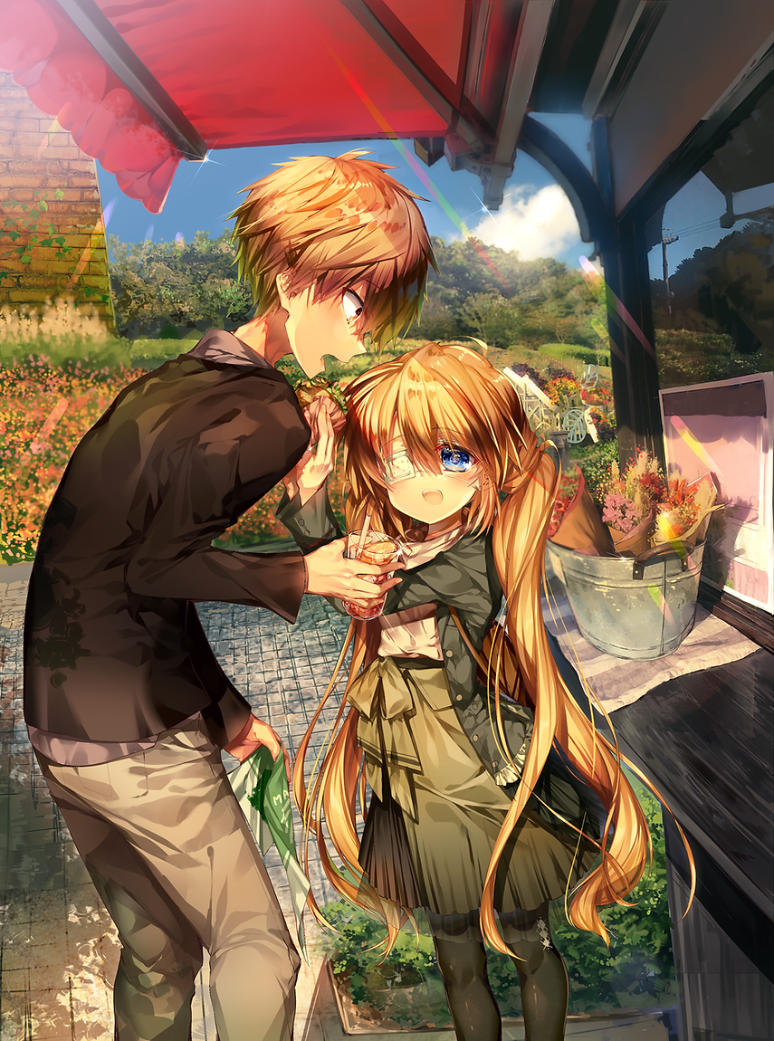 1boy 1girl :d alternate_costume black_pantyhose black_shirt blonde_hair blue_eyes blush bouquet bucket casual chi_no couple cup dappled_sunlight dating day eyepatch feet_out_of_frame flower garden glint hair_between_eyes hand_up hands_up happy hetero holding holding_cup leaning_forward long_hair long_sleeves looking_at_another nakatsu_shizuru one_eye_covered open_mouth orange_hair outdoors pantyhose profile red_flower rewrite shirt short_hair smile spiky_hair standing sunlight teeth tennouji_kotarou twintails upper_teeth_only very_long_hair