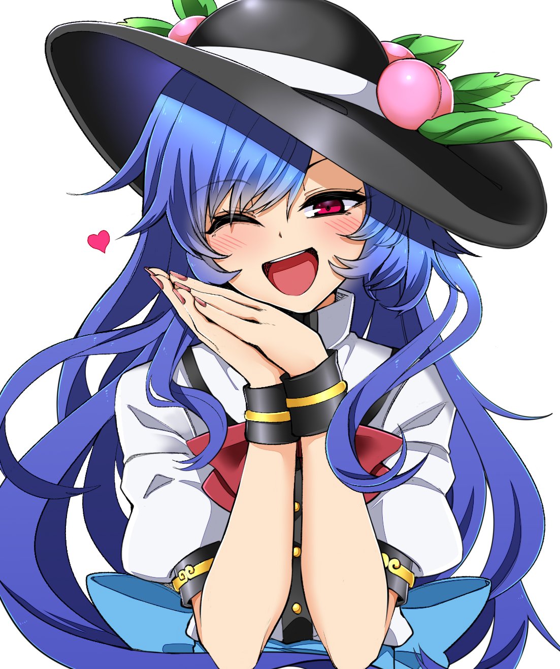 1girl aqua_bow black_headwear black_wrist_cuffs blue_hair blush bow bowtie collared_shirt commentary food fruit hat hat_ribbon heart highres hinanawi_tenshi long_hair one_eye_closed open_mouth own_hands_together peach peach_hat_ornament pink_nails puffy_short_sleeves puffy_sleeves red_bow red_bowtie red_eyes ribbon rihito_(usazukin) shirt short_sleeves simple_background solo teeth tongue touhou upper_body upper_teeth_only waist_bow white_background white_ribbon white_shirt