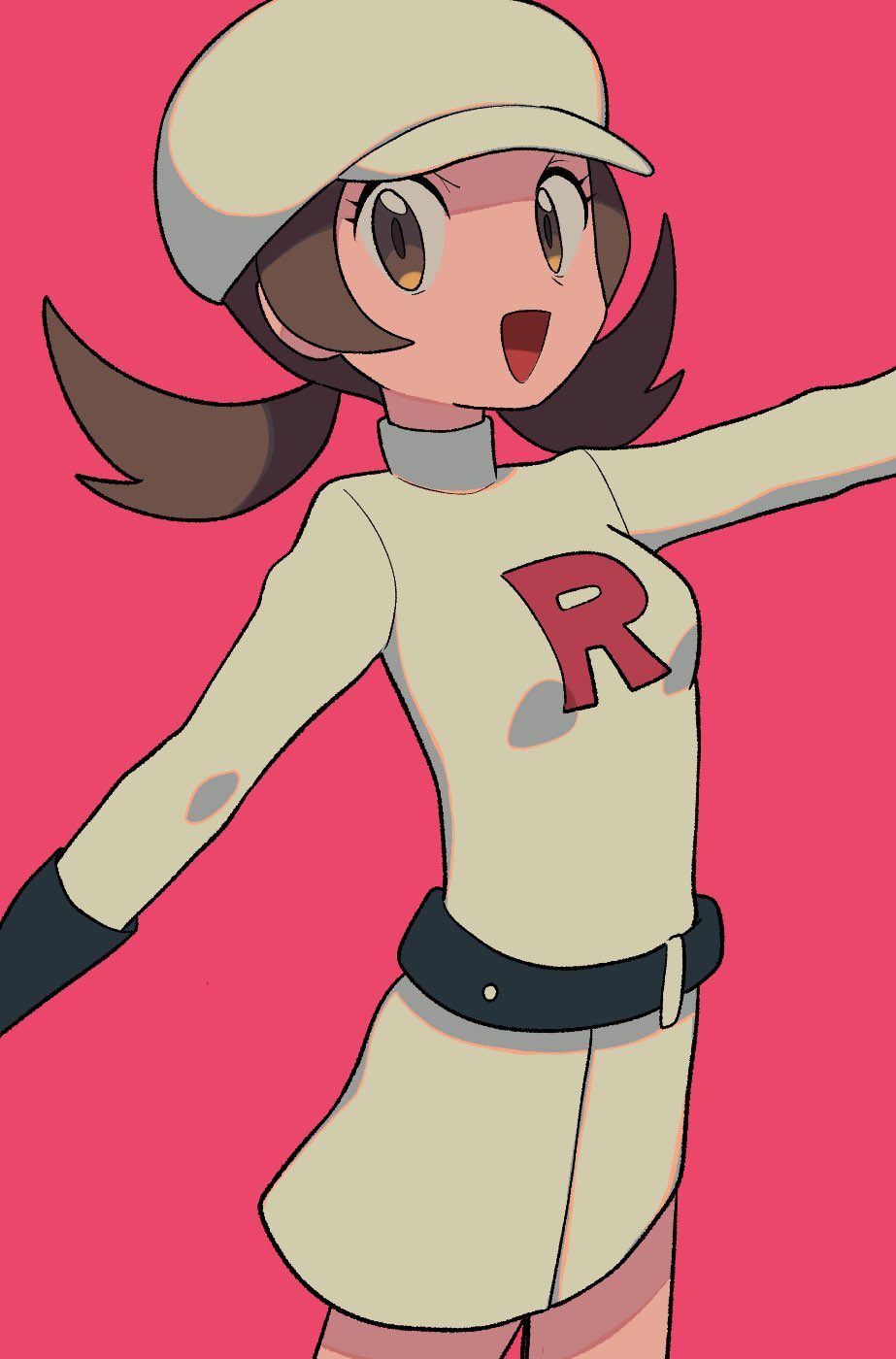 1girl :d alternate_color belt black_belt black_gloves brown_eyes brown_hair cowboy_shot dress eyelashes gloves hat highres long_hair looking_at_viewer lyra_(pokemon) open_mouth outstretched_arm pokemon pokemon_(game) pokemon_masters_ex short_dress smile solo team_rocket team_rocket_uniform twintails tyako_089 white_dress white_headwear