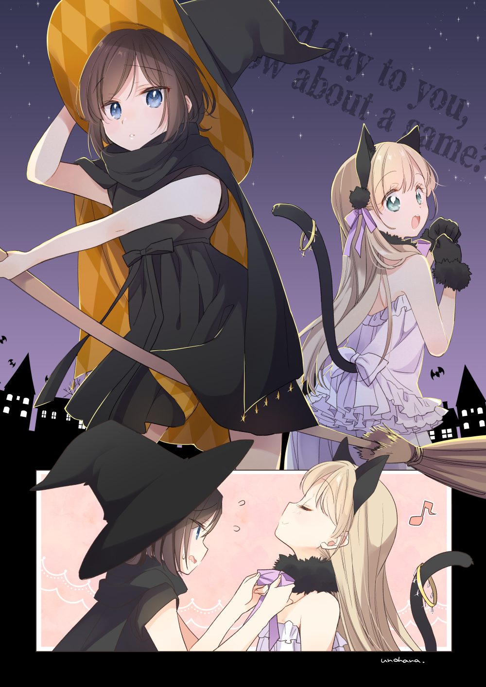 2girls adjusting_another's_clothes animal_ears animal_hands arm_up artist_name bat_(animal) black_cape black_dress black_gloves black_hair black_headwear blonde_hair blue_bow blue_bowtie blue_eyes bob_cut bow bowtie broom broom_riding cape cat_ears cat_tail cityscape closed_eyes closed_mouth commentary copyright_name dress eighth_note english_text flying_sweatdrops frilled_dress frills from_behind fur_collar gloves gokigen'you_ikkyoku_ika_ga? green_eyes halloween halloween_costume hand_on_headwear hat highres kan'nami_chise kitaouji_sae light_frown long_hair looking_at_viewer looking_back multiple_girls musical_note night night_sky open_mouth orange_cape orange_dress orange_headwear outdoors pantyhose paw_gloves short_dress short_hair short_sleeves signature sky smile star_(sky) starry_sky strapless strapless_dress tail tail_ornament tail_ring text_background two-sided_cape two-sided_dress two-sided_fabric two-sided_headwear unohana_tsukasa white_dress white_pantyhose witch_hat