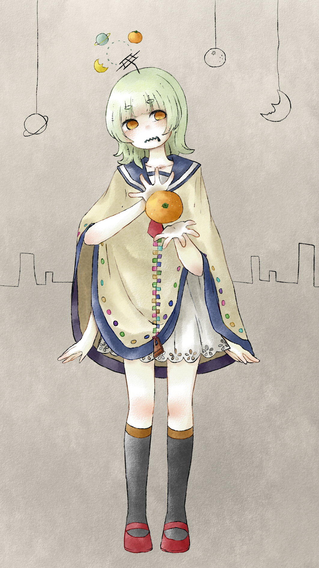 1girl :| arms_at_sides black_socks blue_sailor_collar brown_poncho closed_mouth commentary_request crescent dress extra_arms floating_headgear food fruit green_hair half-closed_eyes hands_up headgear highres kneehighs lace-trimmed_dress lace_trim layered_clothes levitating_orange looking_at_viewer mandarin_orange medium_hair monochrome_background necktie nekota_kotaro nizimine_kakoi open_hands paper_texture planet poncho radio_antenna red_footwear red_necktie sailor_collar short_eyebrows skyline socks solo standing utau white_dress zipper zipper_pull_tab