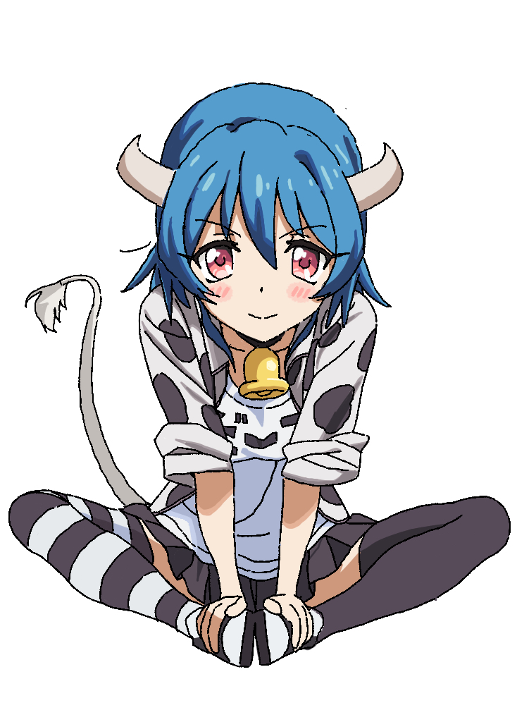1girl animal_print bell black_footwear black_skirt black_thighhighs blue_hair blush breasts closed_mouth commentary cow_girl cow_horns cow_print cow_tail full_body hair_between_eyes hands_on_own_feet horns jacket jashin-chan_dropkick knees_apart_feet_together kosuke_ida large_breasts long_sleeves looking_at_viewer minos_(jashin-chan_dropkick) neck_bell pleated_skirt print_jacket red_eyes shirt shoes short_hair simple_background sitting skirt sleeves_rolled_up smile sneakers solo straight-on striped striped_thighhighs tail thigh-highs white_background white_shirt white_thighhighs zettai_ryouiki