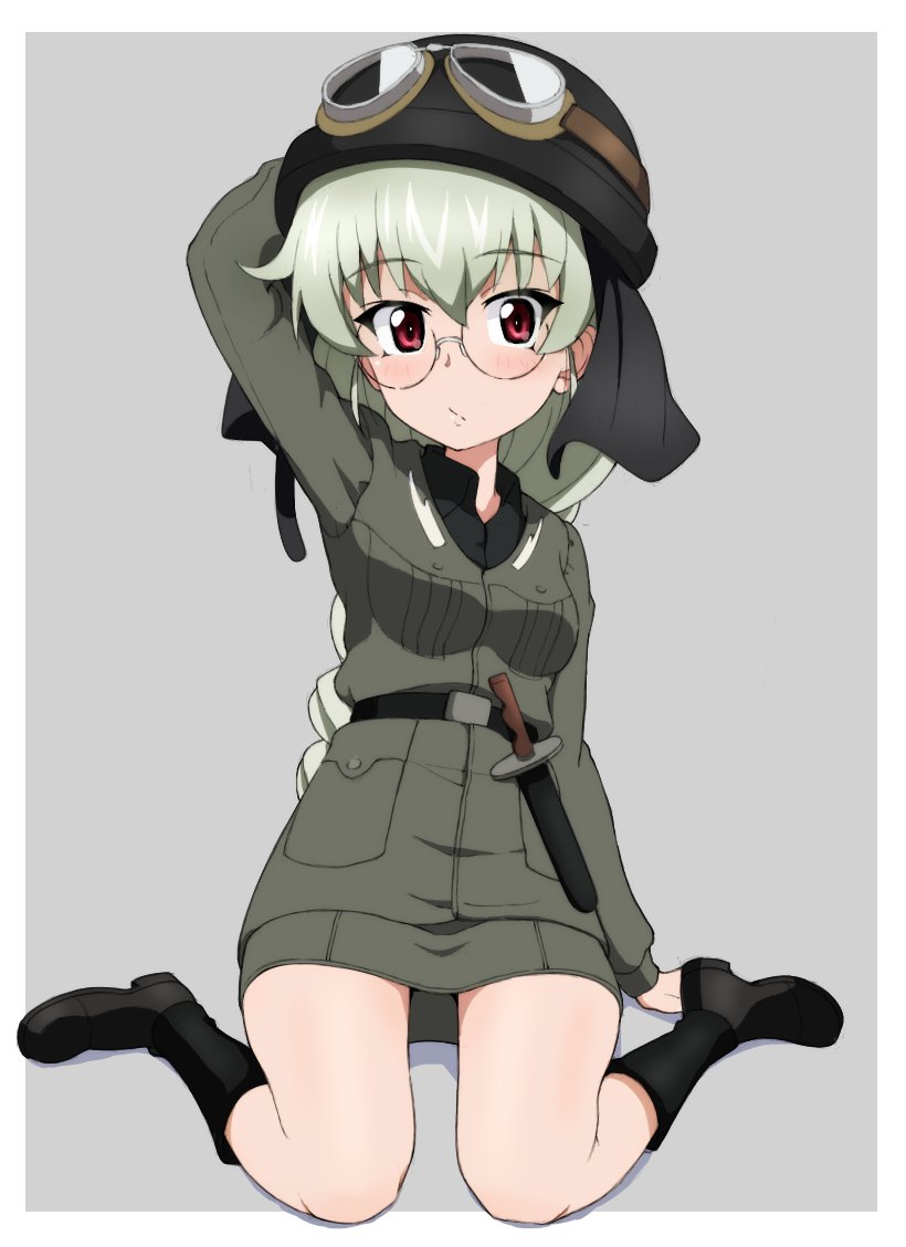 1girl anchovy_(girls_und_panzer) anzio_military_uniform arm_up bespectacled black-framed_eyewear black_footwear boots breast_pocket breasts brown_eyes full_body girls_und_panzer glasses goggles goggles_on_headwear green_hair helmet kayabakoro knee_boots long_hair looking_at_viewer medium_breasts pocket round_eyewear sitting solo wariza