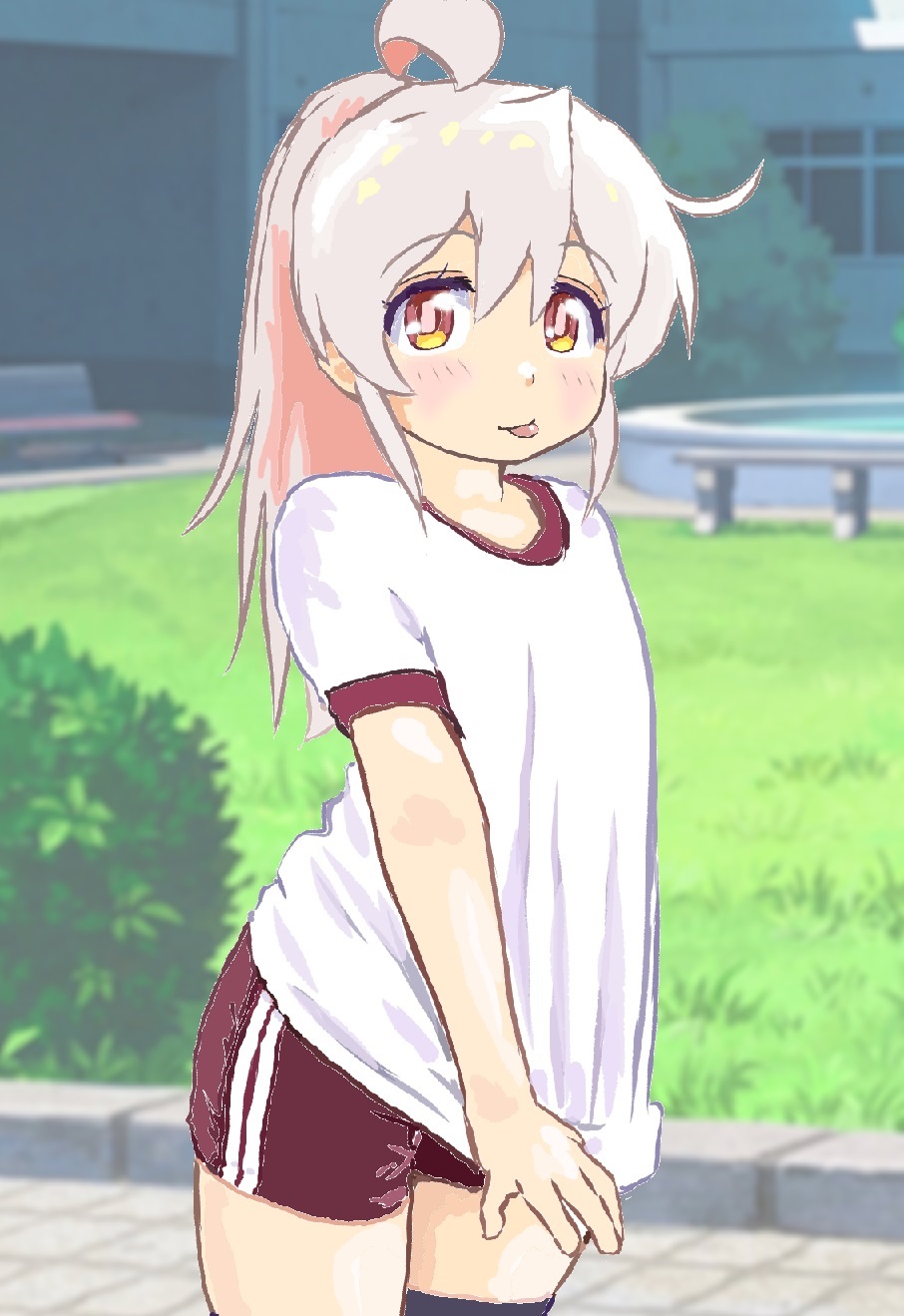1girl ahoge bench bright_pupils closed_mouth clothes_pull colored_inner_hair day double_vertical_stripe grass grey_hair gym_shirt hair_between_eyes highres long_hair mizumori_keiichi multicolored_eyes multicolored_hair onii-chan_wa_oshimai! orange_eyes outdoors oyama_mahiro pink_hair pink_pupils pulled_by_self red_eyes red_shorts shirt shirt_pull short_sleeves shorts smile solo standing tongue tongue_out two-tone_hair white_shirt yellow_eyes